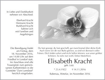 Traueranzeige von Elisabeth Kracht von  Gießener Anzeiger