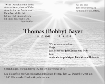Traueranzeige von Thomas Bayer von Trauerportal Rhein Main Presse