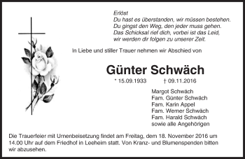 Traueranzeige von Günter Schwäch von Trauerportal Echo Online