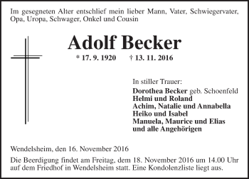 Traueranzeige von Adolf Becker von Trauerportal Rhein Main Presse