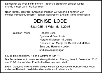Traueranzeige von Denise Lode von Trauerportal Echo Online