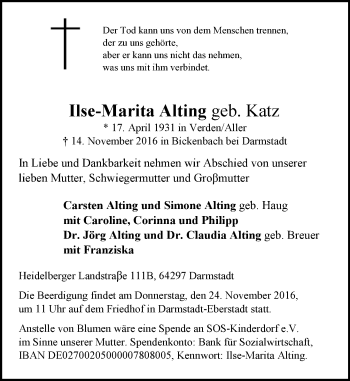 Traueranzeige von Ilse-Marita Alting von Trauerportal Echo Online