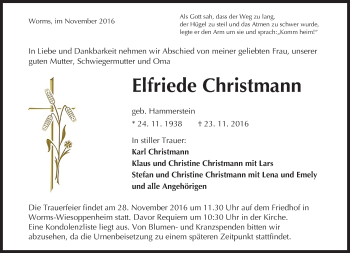 Traueranzeige von Elfriede Christmann von Trauerportal Rhein Main Presse