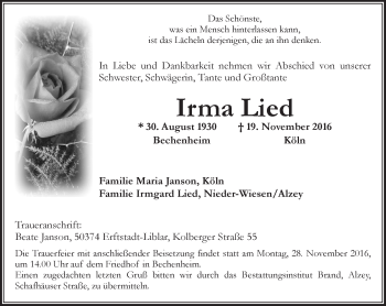 Traueranzeige von Irma Lied von Trauerportal Rhein Main Presse