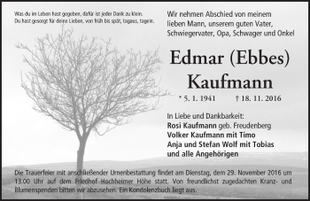 Traueranzeige von Edmar Kaufmann von Trauerportal Rhein Main Presse