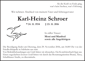 Traueranzeige von Karl-Heinz Schroer von Trauerportal Rhein Main Presse