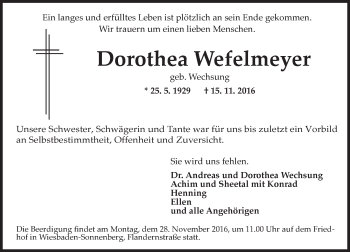 Traueranzeige von Dorothea Wefelmeyer von Trauerportal Rhein Main Presse