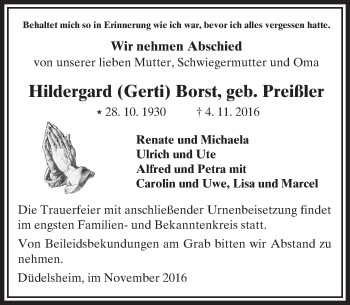 Traueranzeige von Hildergard Borst von  Kreisanzeiger