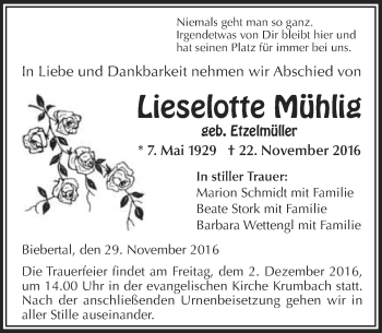 Traueranzeige von Lieselotte Mühlig von  Gießener Anzeiger