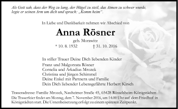 Traueranzeige von Anna Rösner von Trauerportal Rhein Main Presse
