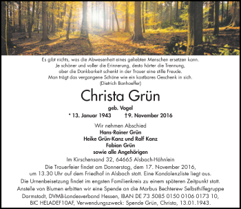Traueranzeige von Christa Grün von Trauerportal Echo Online