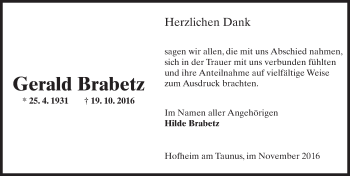 Traueranzeige von Gerald Brabetz von Trauerportal Rhein Main Presse