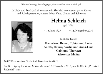 Traueranzeige von Helma Schleich von VRM Trauer