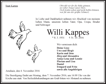 Traueranzeige von Willi Kappes von VRM Trauer Traueranzeige von Willi Kappes von VRM Trauer