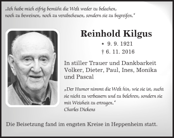 Traueranzeige von Reinhold Kilgus von Trauerportal Echo Online