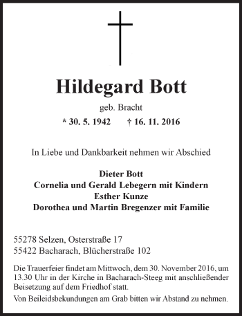 Traueranzeige von Hildegard Bott von Trauerportal Rhein Main Presse