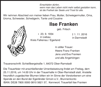 Traueranzeige von Ilse Franken von Trauerportal Echo Online