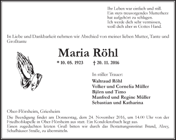 Traueranzeige von Maria Röhl von Trauerportal Rhein Main Presse