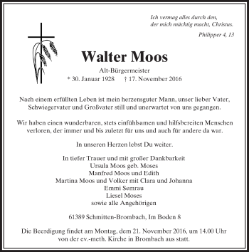Traueranzeige von Walter Moos von  Usinger Anzeiger