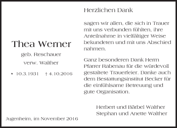 Traueranzeige von Thea Werner von Trauerportal Echo Online