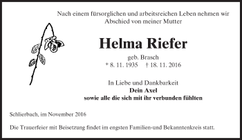 Traueranzeige von Helma Riefer von  Gelnhäuser Tageblatt