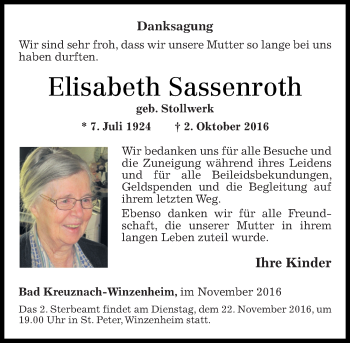 Traueranzeige von Elisabeth Sassenroth von Trauerportal Rhein Main Presse