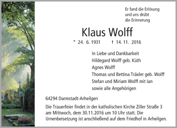 Traueranzeige von Klaus Wolff von Trauerportal Echo Online