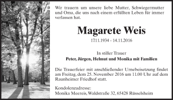 Traueranzeige von Magarete Weis von Trauerportal Rhein Main Presse