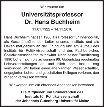 Traueranzeige von Hans Buchheim von Trauerportal Rhein Main Presse