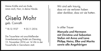 Traueranzeige von Gisela Mohr von Trauerportal Echo Online