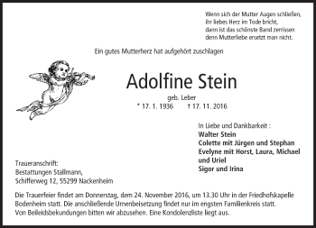 Traueranzeige von Adolfine Stein von Trauerportal Rhein Main Presse