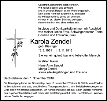 Traueranzeige von Karola Zendel von Trauerportal Rhein Main Presse