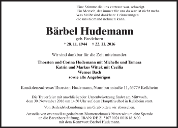 Traueranzeige von Bärbel Hudemann von Trauerportal Rhein Main Presse