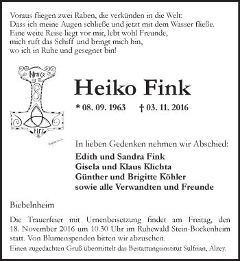 Traueranzeige von Heiko Fink von Trauerportal Rhein Main Presse