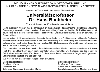 Traueranzeige von Hans Buchheim von Trauerportal Rhein Main Presse