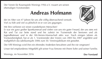 Traueranzeige von Andreas Hofmann von  Kreisanzeiger