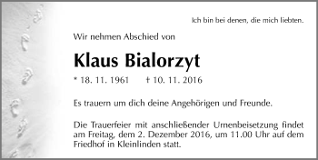 Traueranzeige von Klaus Bialorzyt von  Gießener Anzeiger