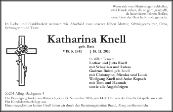 Traueranzeige von Katharina Knell von Trauerportal Rhein Main Presse
