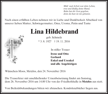 Traueranzeige von Lina Hildebrand von VRM Trauer