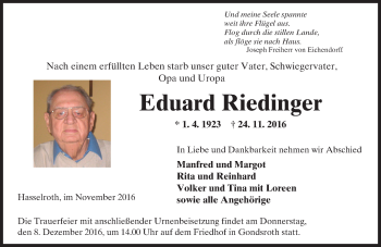 Traueranzeige von Eduard Riedinger von  Gelnhäuser Tageblatt