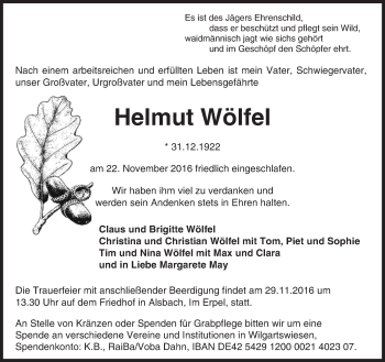 Traueranzeige von Helmut Wölfel von Trauerportal Echo Online