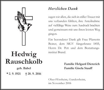 Traueranzeige von Hedwig Rauschkolb von Trauerportal Rhein Main Presse