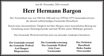 Traueranzeige von Hermann Bargon von  Usinger Anzeiger