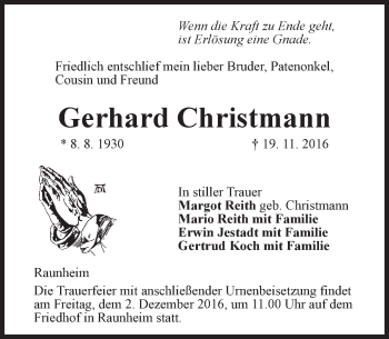 Traueranzeige von Gerhard Christmann von Trauerportal Rhein Main Presse