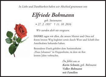 Traueranzeige von Elfriede Bohmann von Trauerportal Echo Online