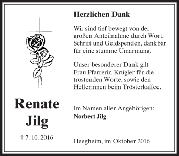 Traueranzeige von Renate Jilg von  Kreisanzeiger