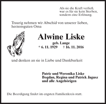 Traueranzeige von Alwine Liske von Trauerportal Rhein Main Presse