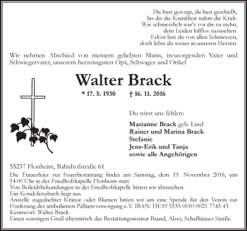 Traueranzeige von Walter Brack von Trauerportal Rhein Main Presse