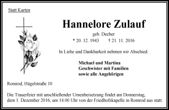 Traueranzeige von Hannelore Zulauf von VRM Trauer