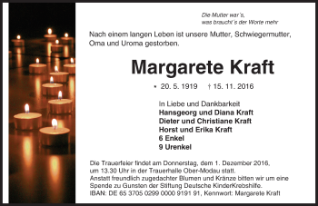 Traueranzeige von Margarete Kraft von Trauerportal Echo Online